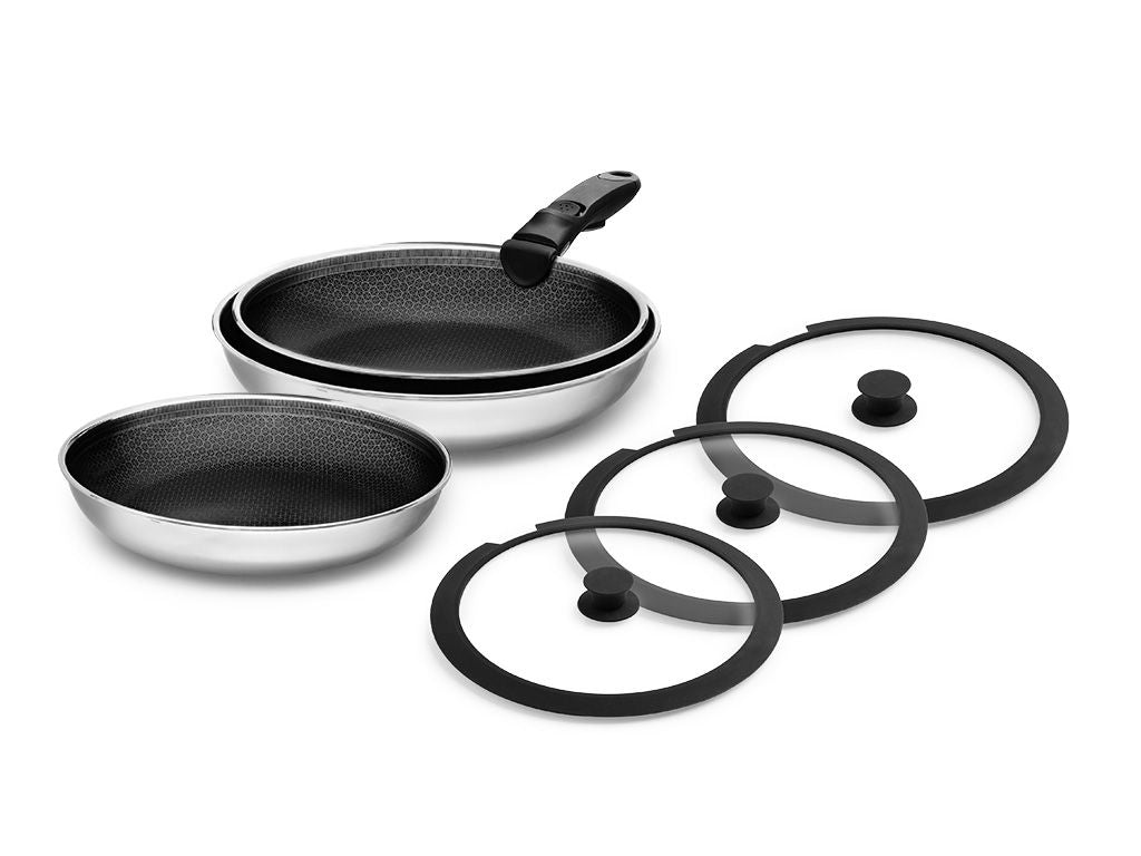 Set de Poêles 3 Pièces avec Poignée Amovible, Batterie de Cuisine Antiadhésive – USTENSILIA