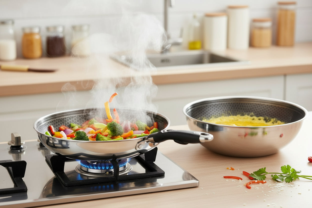 Set de Woks 2 Pièces avec Poignée Amovible, Revêtement Antiadhésif – USTENSILIA