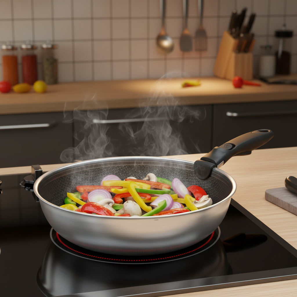 Set Wok et Sauteuse 2 Pièces avec Poignée Amovible, Revêtement Antiadhésif – USTENSILIA