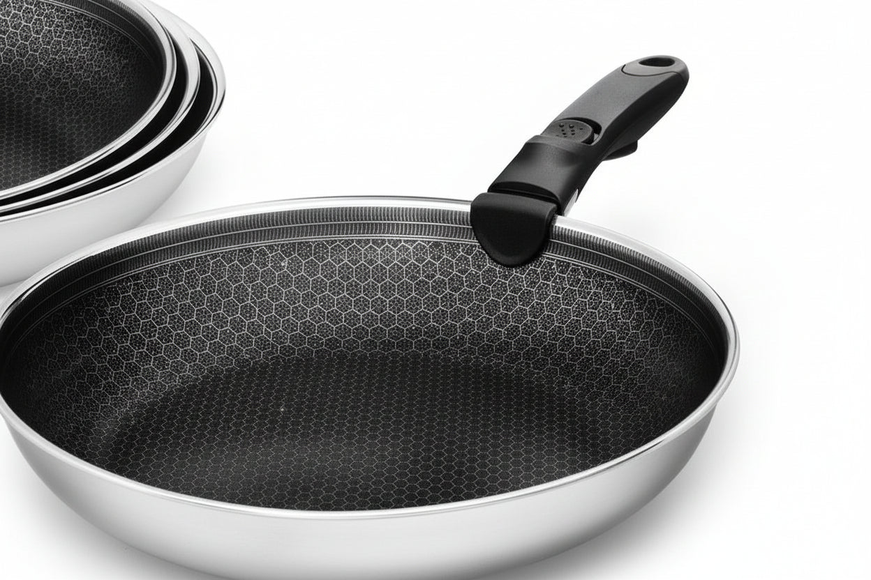 Set de Poêles 4 Pièces avec Poignée Amovible, Revêtement Antiadhésif – USTENSILIA