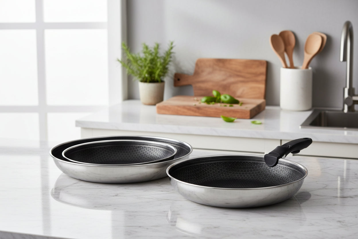 Set de Poêles 4 Pièces avec Poignée Amovible, Revêtement Antiadhésif – USTENSILIA