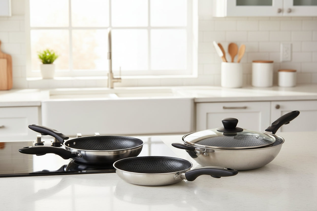 Set de Poêles 5 Pièces avec Poignée Amovible, Revêtement Antiadhésif – USTENSILIA
