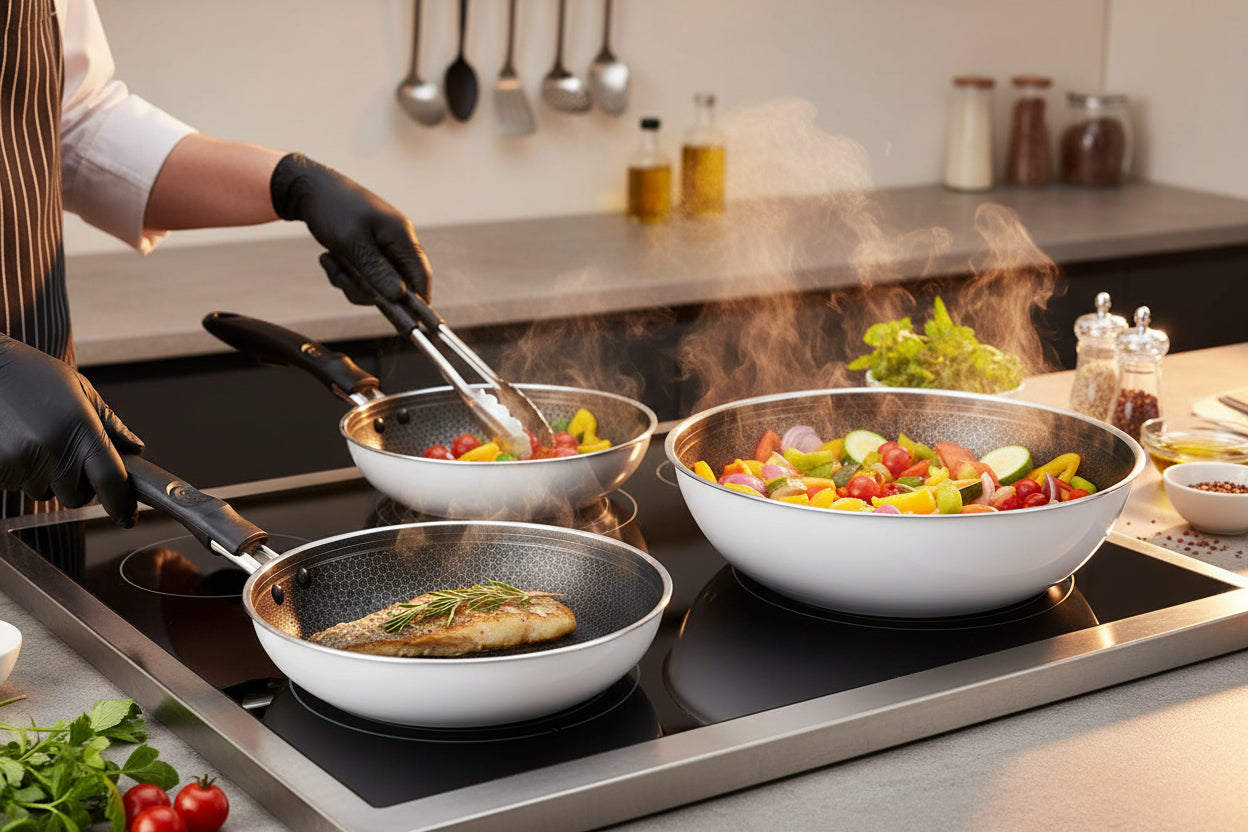 Set de Poêles 5 Pièces avec Poignée Amovible, Revêtement Antiadhésif – USTENSILIA