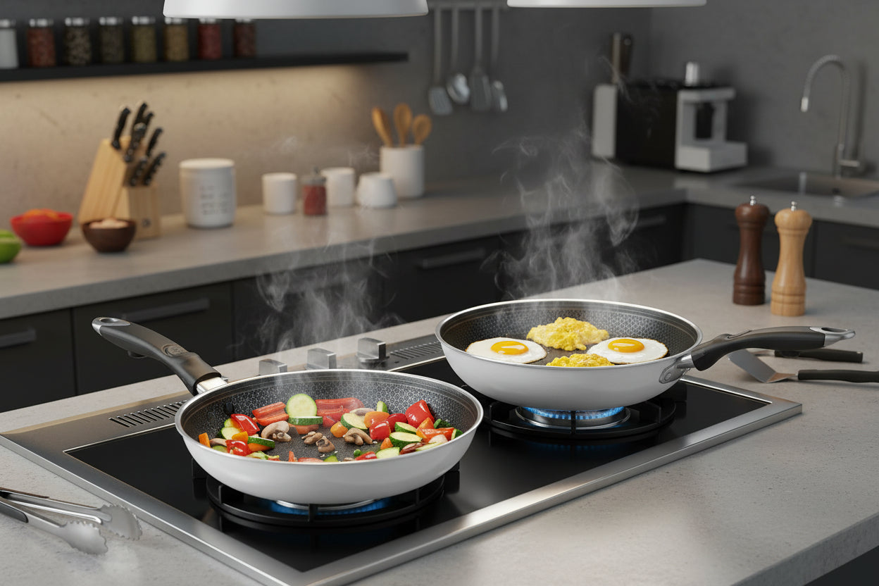 Set de Poêles 5 Pièces avec Poignée Amovible, Revêtement Antiadhésif – USTENSILIA